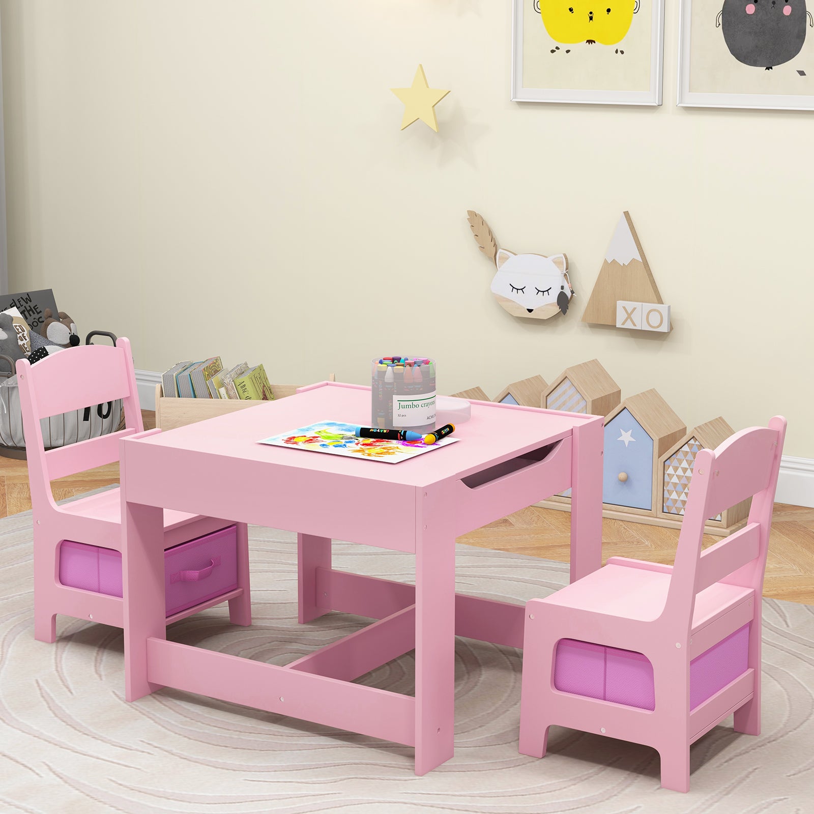 Kids Table Chairs Set With Storage Boxes Blackboard Whiteboard Drawing