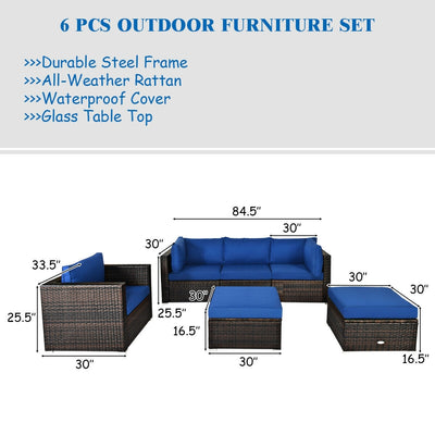 6 Pieces Patio Rattan Furniture Set with Sectional Cushion-Blue