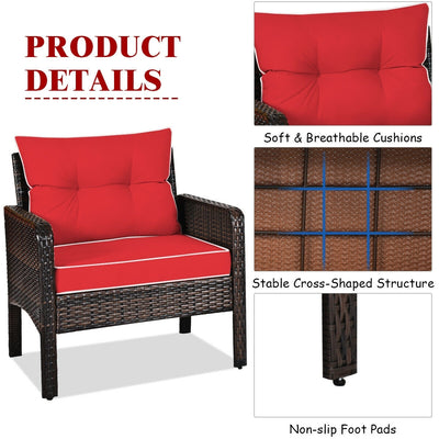 3 Pcs Outdoor Patio Rattan Conversation Set with Seat Cushions-Red