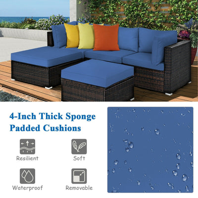 5 Pieces Patio Rattan Sofa Set with Cushion and Ottoman-Navy