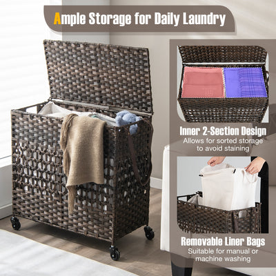 110L 2-Section Laundry Hamper with 2 Removable and Washable Liner Bags-Brown