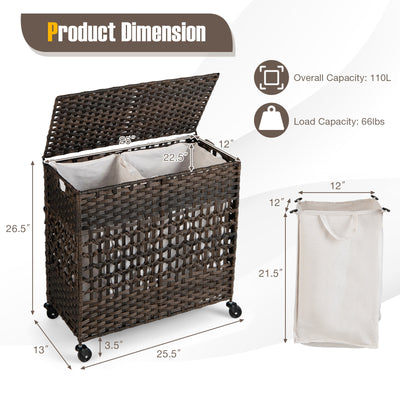 110L 2-Section Laundry Hamper with 2 Removable and Washable Liner Bags-Brown