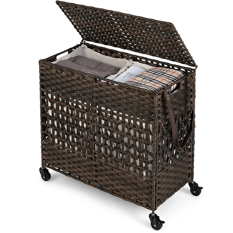 110L 2-Section Laundry Hamper with 2 Removable and Washable Liner Bags-Brown