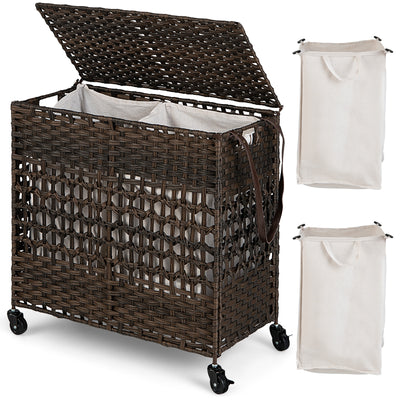 110L 2-Section Laundry Hamper with 2 Removable and Washable Liner Bags-Brown