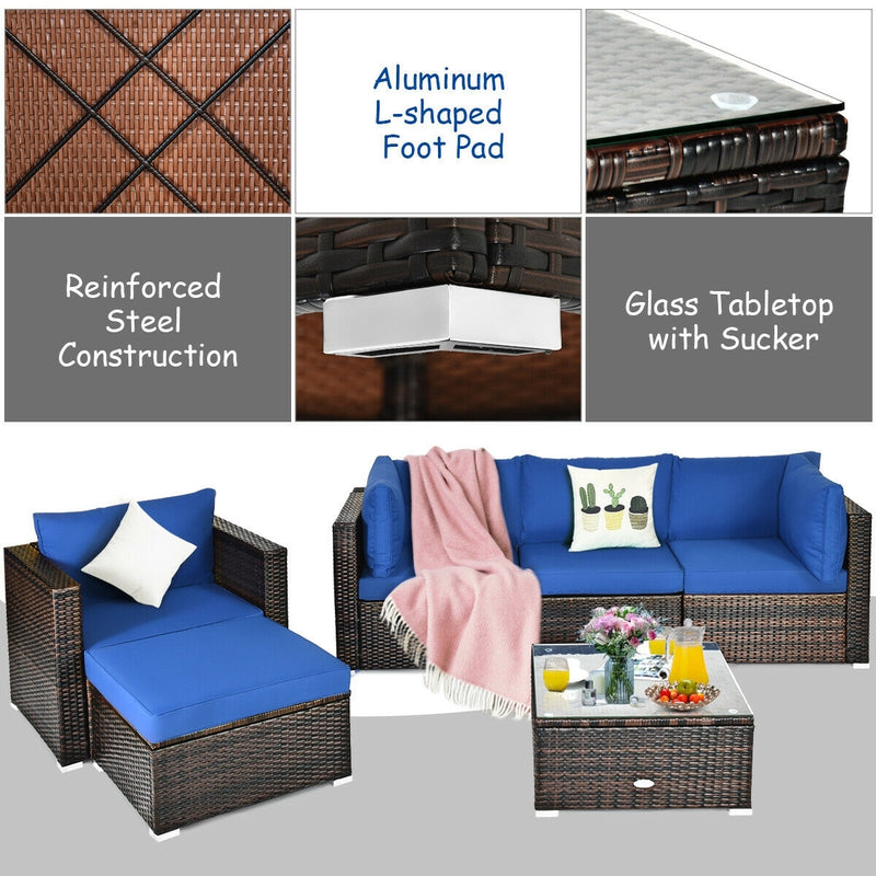 6 Pieces Patio Rattan Furniture Set with Sectional Cushion-Blue