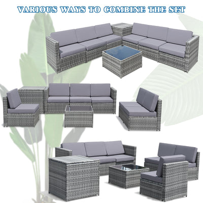 8 Pieces Wicker Sofa Rattan Dining Set Patio Furniture with Storage Table-Gray