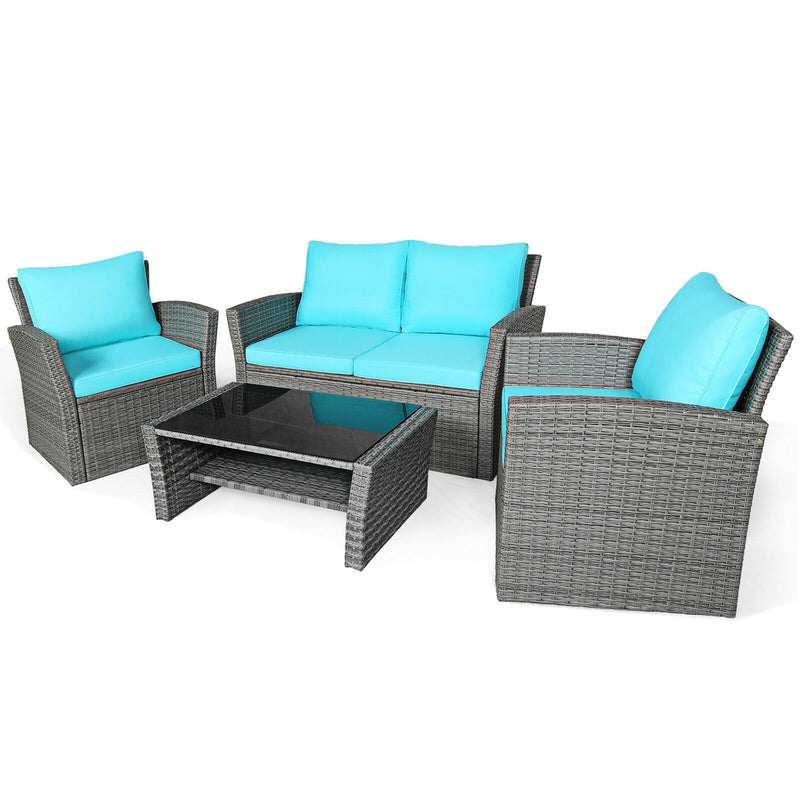 4 Pcs Patio Rattan Furniture Set Sofa Table with Storage Shelf Cushion-Turquoise