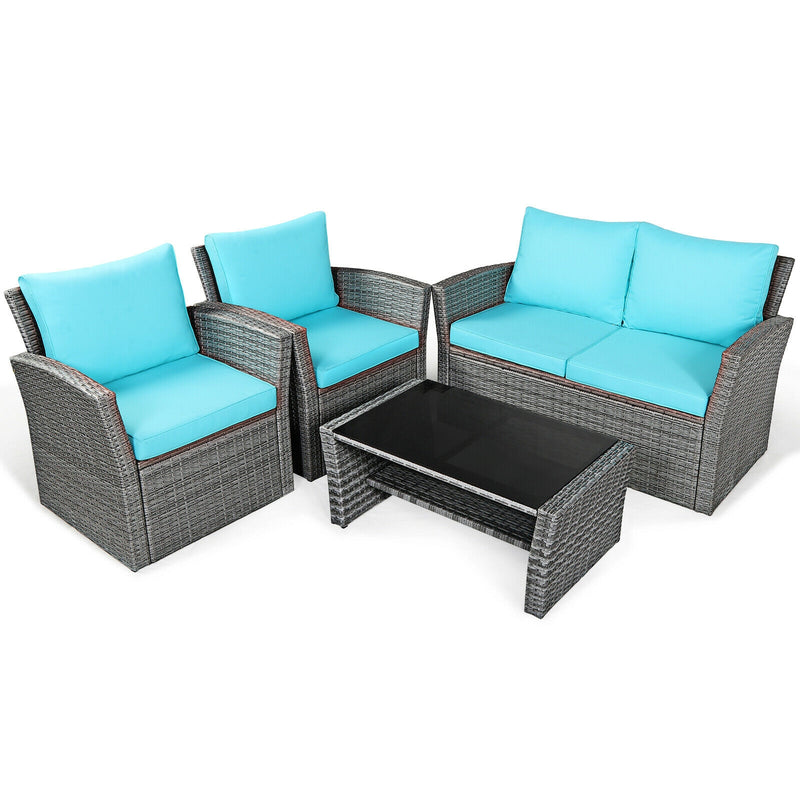 4 Pcs Patio Rattan Furniture Set Sofa Table with Storage Shelf Cushion-Turquoise