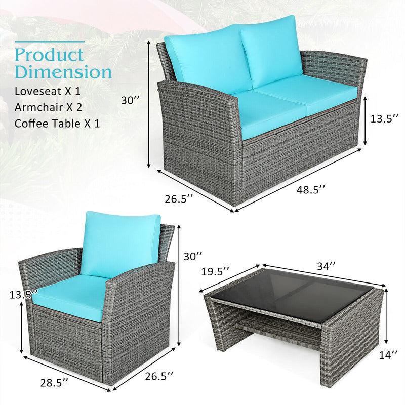 4 Pcs Patio Rattan Furniture Set Sofa Table with Storage Shelf Cushion-Turquoise