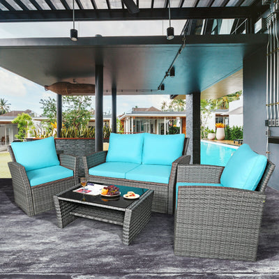 4 Pcs Patio Rattan Furniture Set Sofa Table with Storage Shelf Cushion-Turquoise