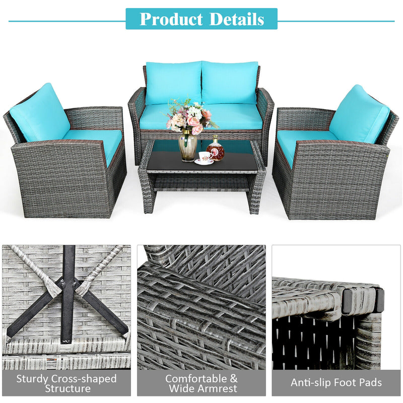 4 Pcs Patio Rattan Furniture Set Sofa Table with Storage Shelf Cushion-Turquoise