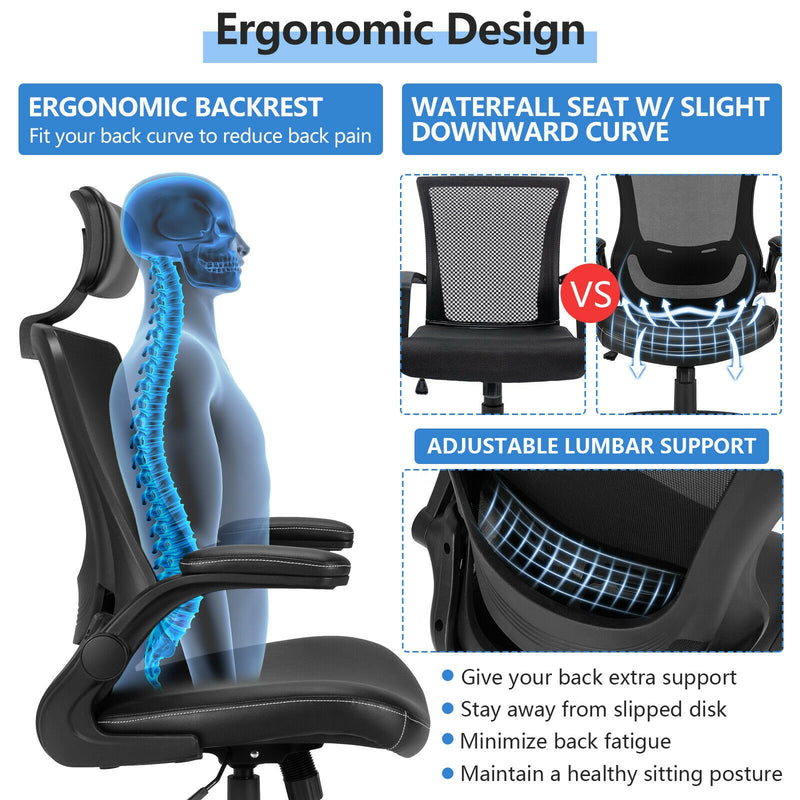 High-Back Executive Chair with Adjustable Lumbar Support and Headrest-Black