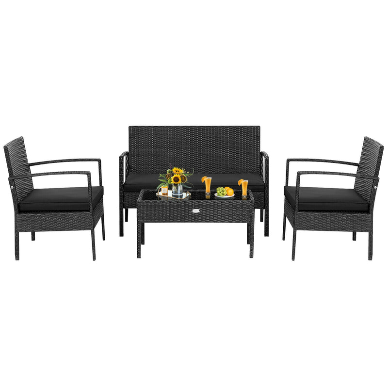 4 Pieces Patio Rattan Furniture Set with Cushion