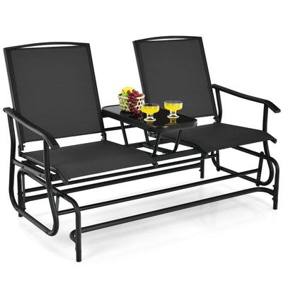 2-Person Double Rocking Loveseat with Mesh Fabric and Center Tempered Glass Table-Black