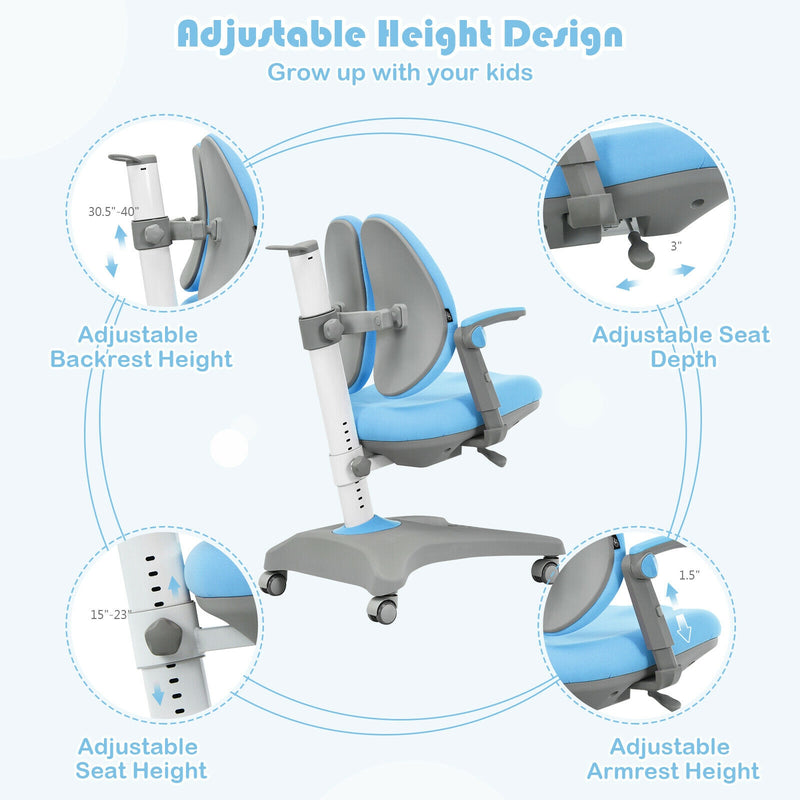 Kids Adjustable Height Depth Study Desk Chair with Sit-Brake Casters-Blue