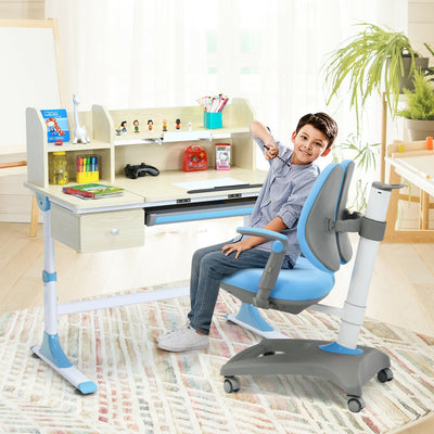 Kids Adjustable Height Depth Study Desk Chair with Sit-Brake Casters-Blue