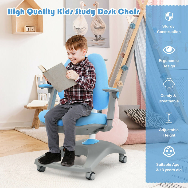 Kids Adjustable Height Depth Study Desk Chair with Sit-Brake Casters-Blue