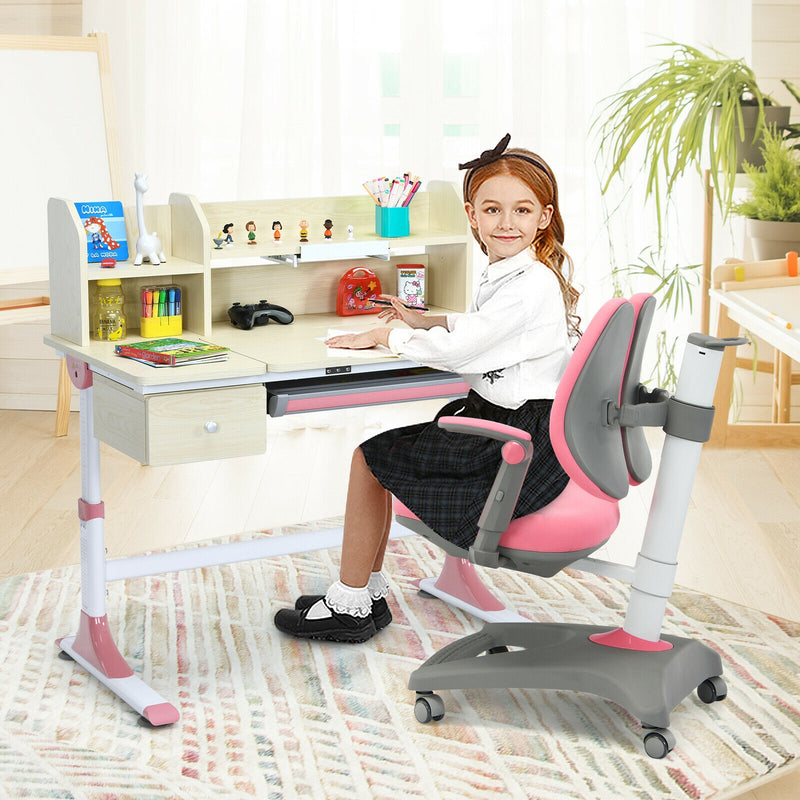 Kids Adjustable Height Depth Study Desk Chair with Sit-Brake Casters-Pink