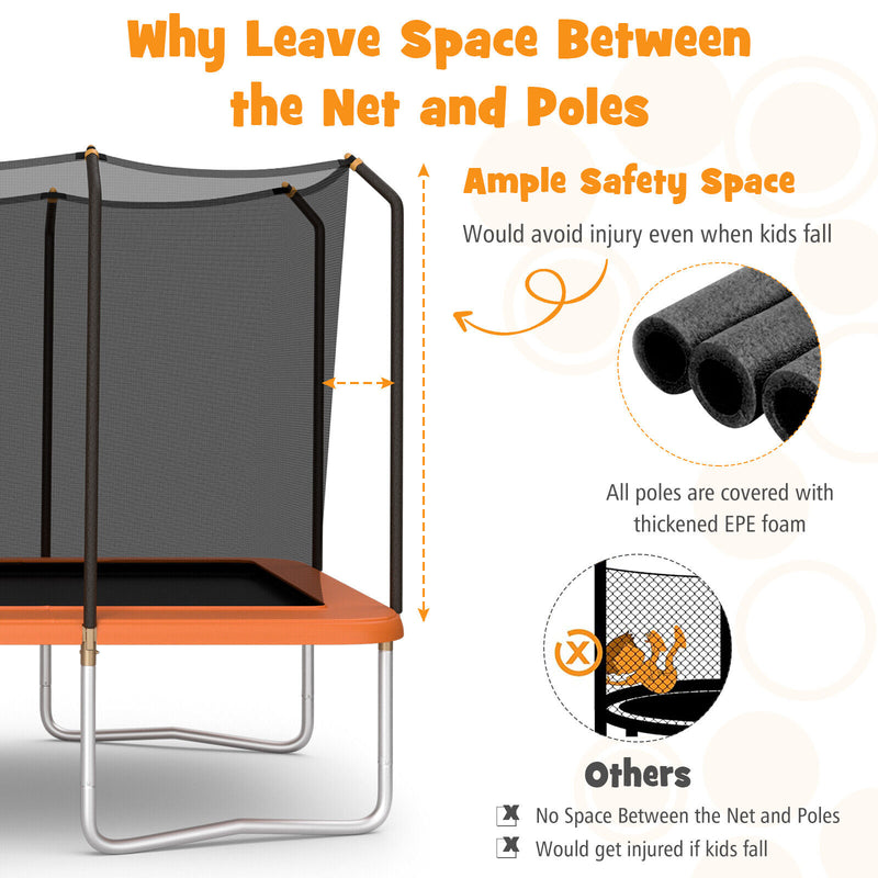 8 x 14 Feet Rectangular Recreational Trampoline with Safety Enclosure Net and Ladder-Orange