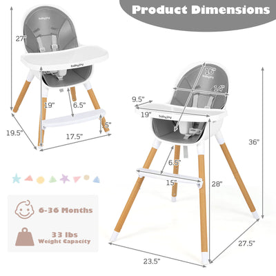 4-in-1 Convertible Baby High Chair Infant Feeding Chair with Adjustable Tray-Gray