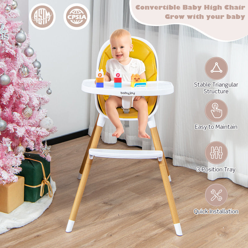 4-in-1 Convertible Baby High Chair Infant Feeding Chair with Adjustable Tray-Yellow