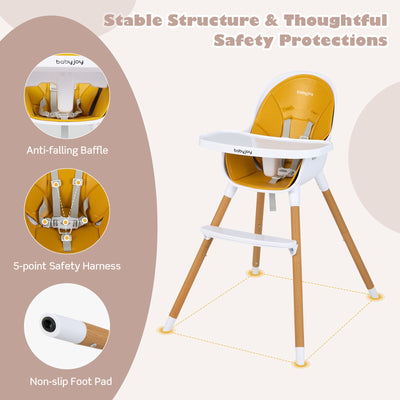 4-in-1 Convertible Baby High Chair Infant Feeding Chair with Adjustable Tray-Yellow