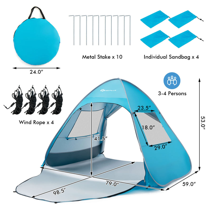 Automatic Pop-up Beach Tent with Carrying Bag-Blue