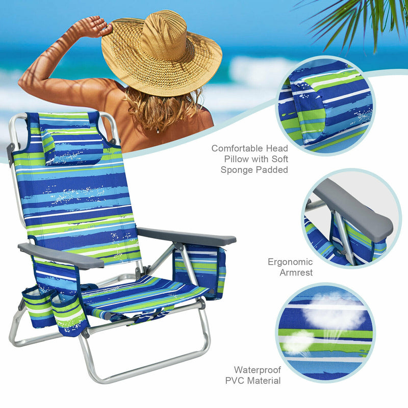 4-Pack 5-Position Outdoor Folding Backpack Beach Reclining Chair with Pillow-Blue