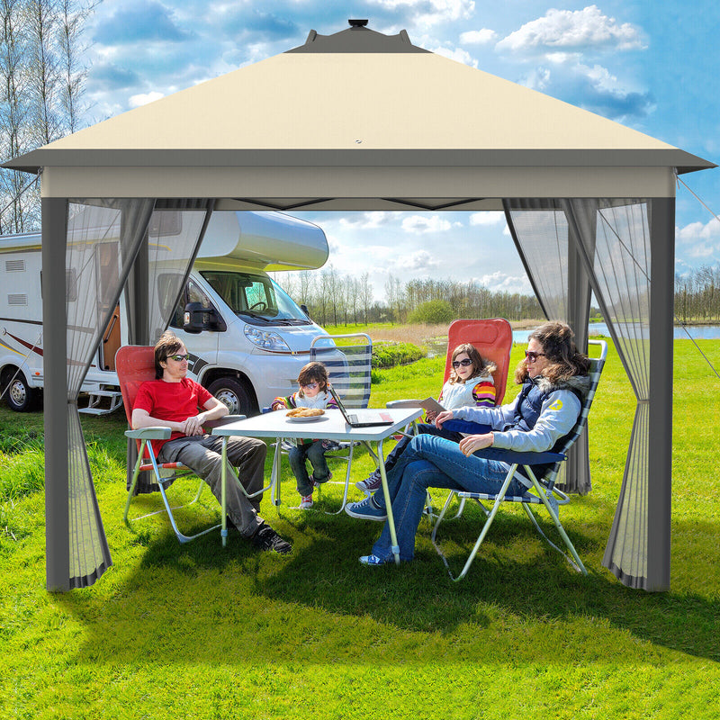 11 x 11 Feet Portable Outdoor Patio Folding Gazebo with Led Lights -Coffee