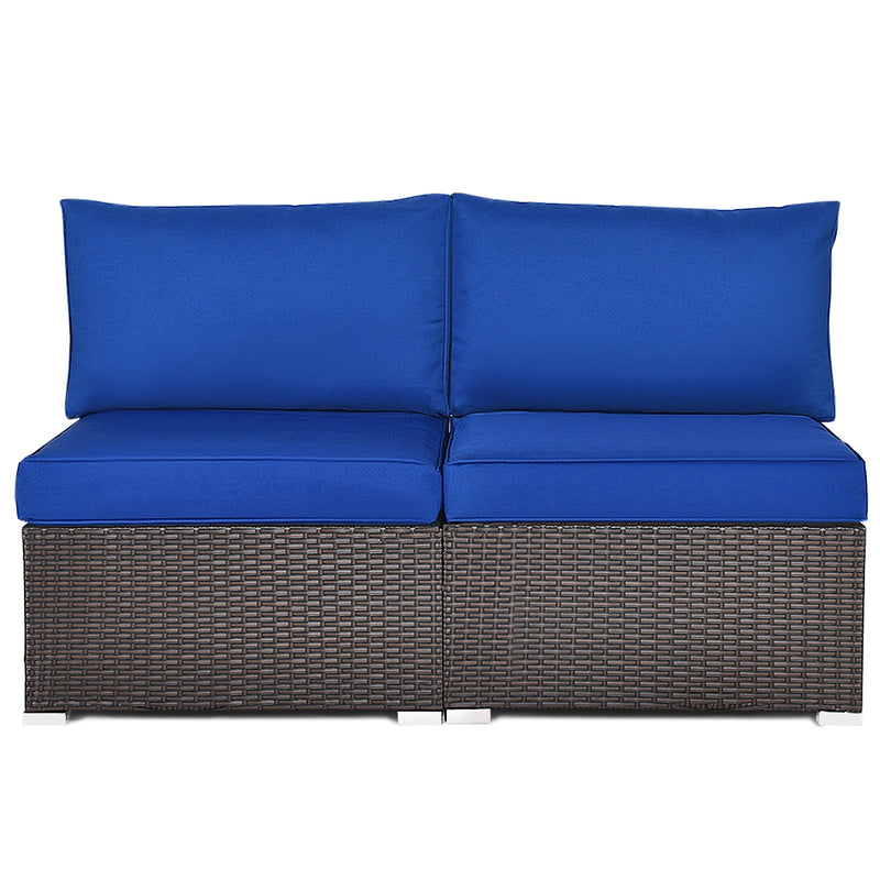 2 Pieces Patio Rattan Armless Sofa Set with 2 Cushions and 2 Pillows-Navy