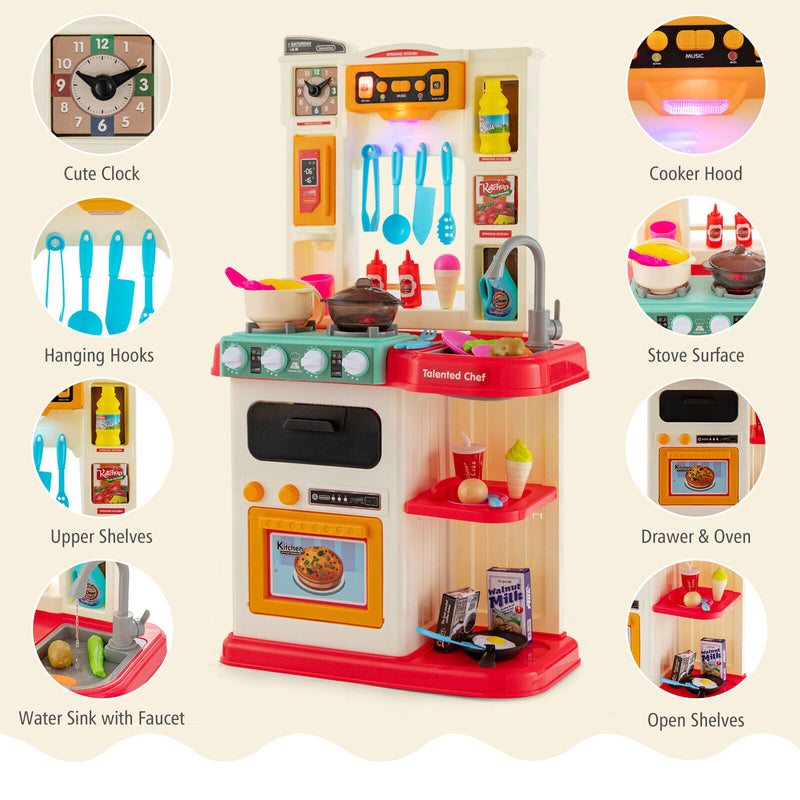 64 Pieces Realistic Kitchen Playset for Boys and Girls with Sound and Lights-Pink