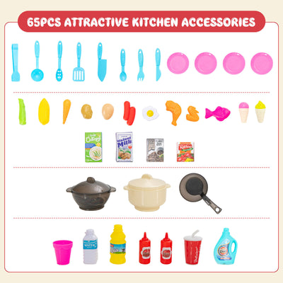 64 Pieces Realistic Kitchen Playset for Boys and Girls with Sound and Lights-Pink