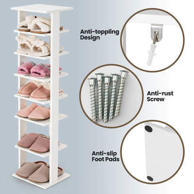 7-Tier Wooden Shoe Rack Narrow Vertical Shoe Stand Storage Display Shelf-White