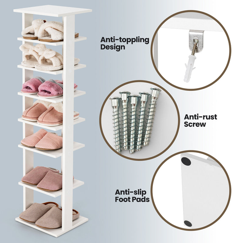 7-Tier Wooden Shoe Rack Narrow Vertical Shoe Stand Storage Display Shelf-White