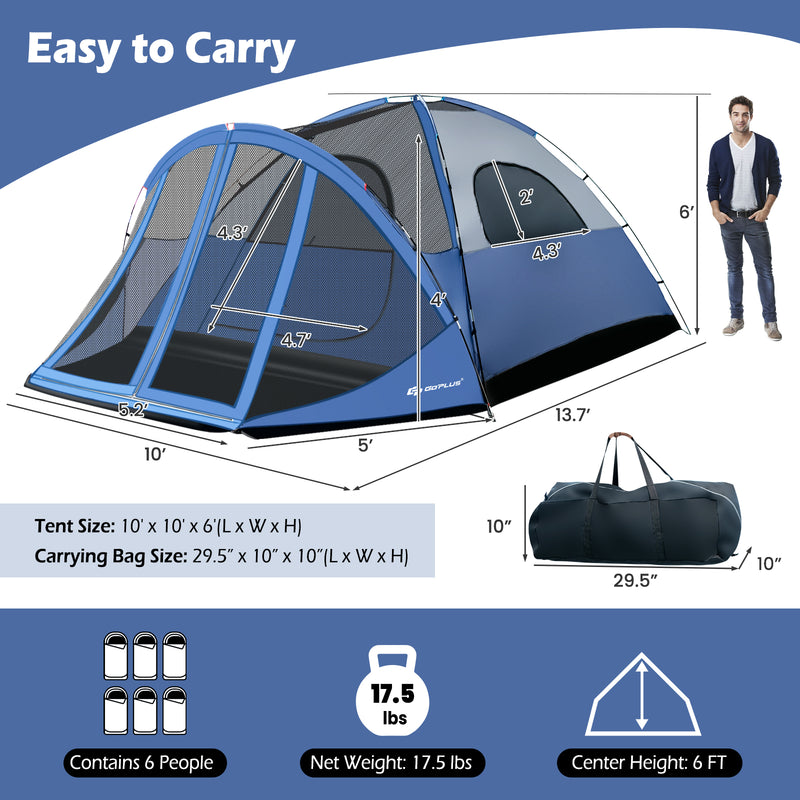 6-Person Large Camping Dome Tent with Screen Room Porch