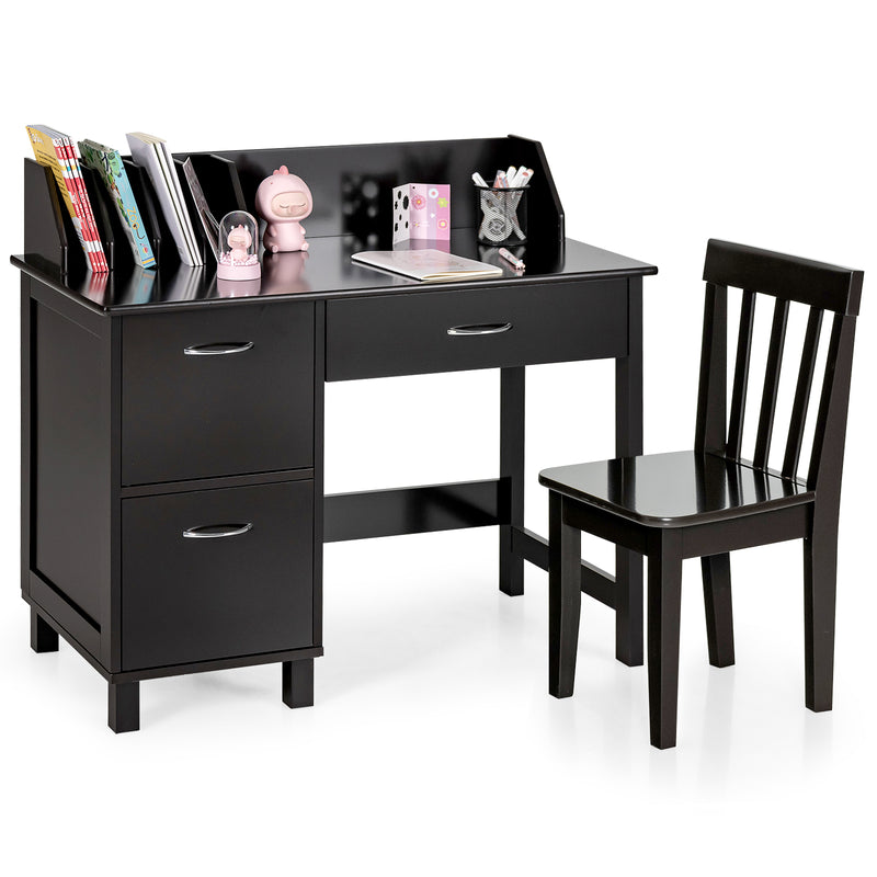 Kids Wooden Writing Furniture Set with Drawer and Storage Cabinet-Dark Brown