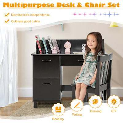 Kids Wooden Writing Furniture Set with Drawer and Storage Cabinet-Dark Brown