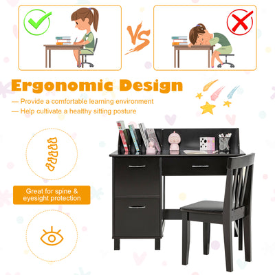 Kids Wooden Writing Furniture Set with Drawer and Storage Cabinet-Dark Brown