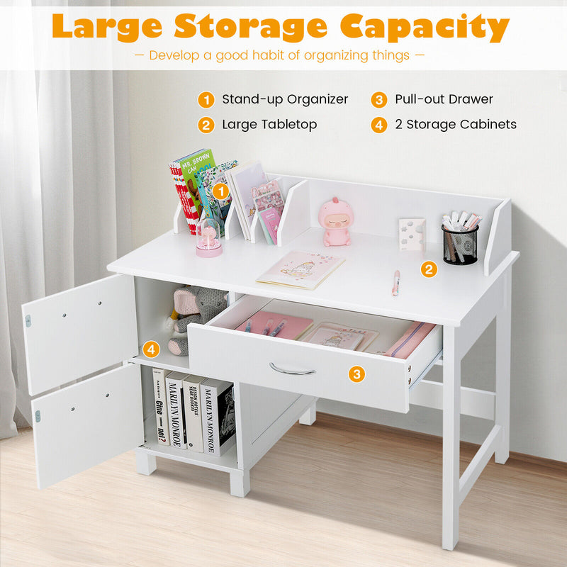 Kids Wooden Writing Furniture Set with Drawer and Storage Cabinet-White