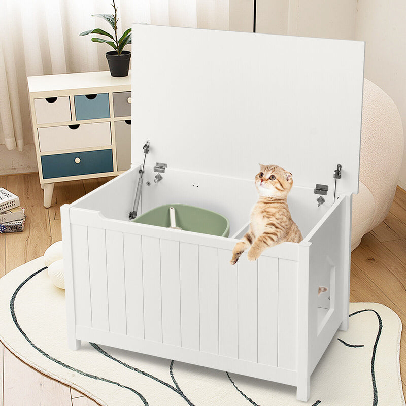 Wooden Cat Litter Box Enclosure with Top Opening Side Table-White