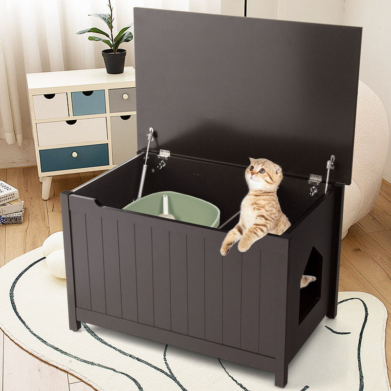 Wooden Cat Litter Box Enclosure with Top Opening Side Table-Brown