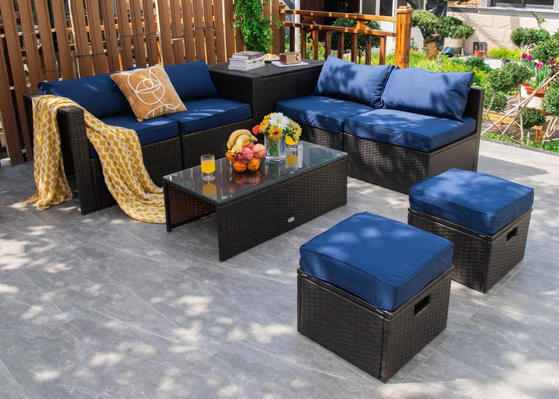 8 Pieces Patio Space-Saving Rattan Furniture Set with Storage Box and Waterproof Cover-Navy