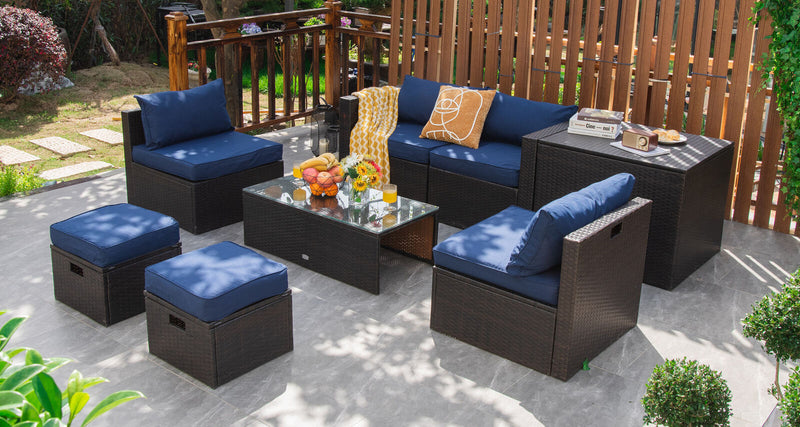 8 Pieces Patio Space-Saving Rattan Furniture Set with Storage Box and Waterproof Cover-Navy