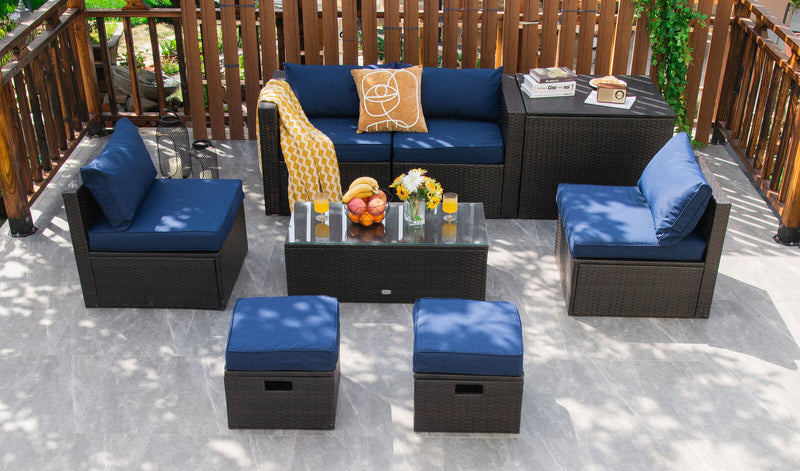 8 Pieces Patio Space-Saving Rattan Furniture Set with Storage Box and Waterproof Cover-Navy