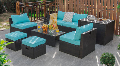 8 Pieces Patio Space-Saving Rattan Furniture Set with Storage Box and Waterproof Cover-Turquoise