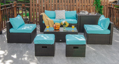 8 Pieces Patio Space-Saving Rattan Furniture Set with Storage Box and Waterproof Cover-Turquoise