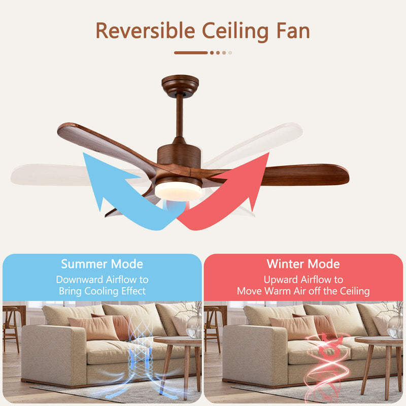 52 Inch Reversible Ceiling Fan with LED Light and Adjustable Temperature-Brown