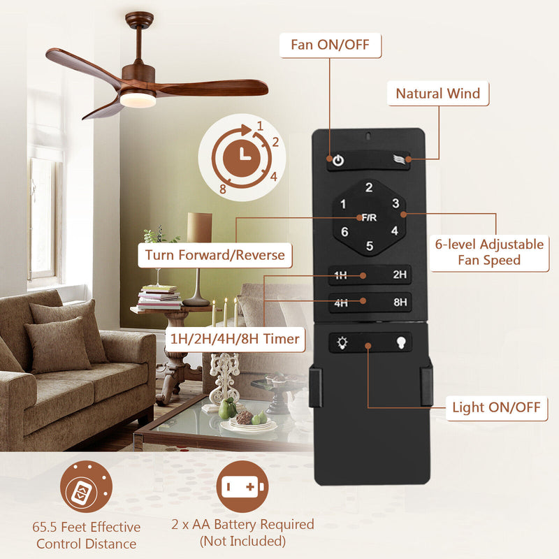 52 Inch Reversible Ceiling Fan with LED Light and Adjustable Temperature-Brown