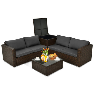 4 Pieces Patio Rattan Cushioned Furniture Set with Armrest and Storage Box-Brown