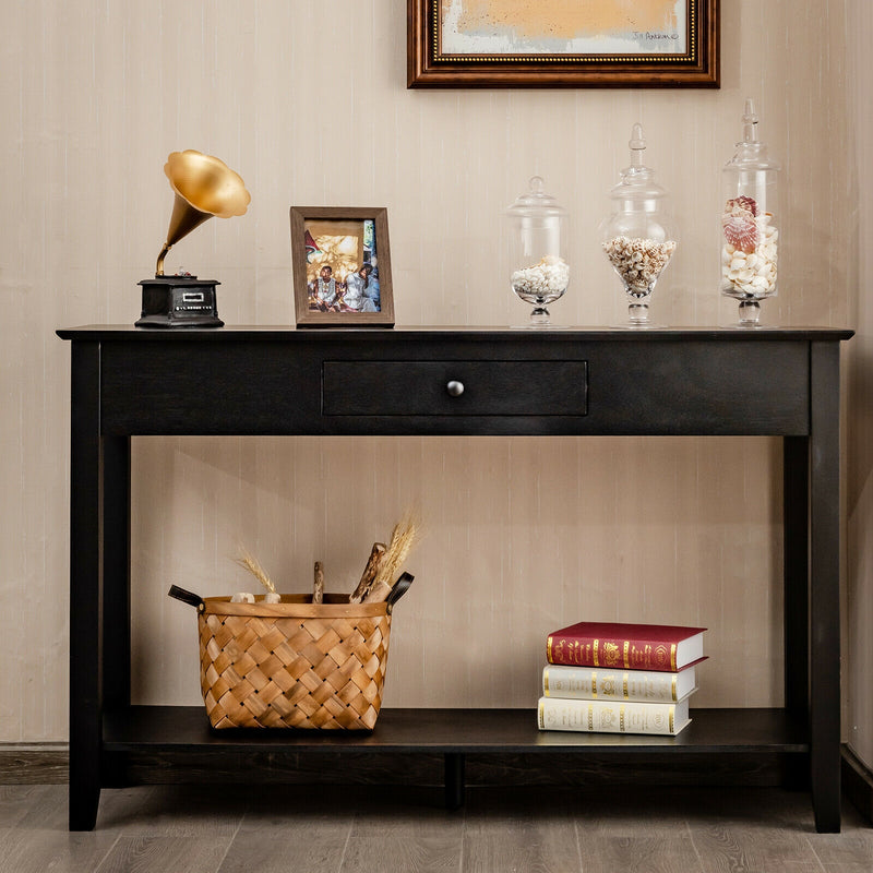 Console Sofa Side Accent Table with Drawer Shelf-Black